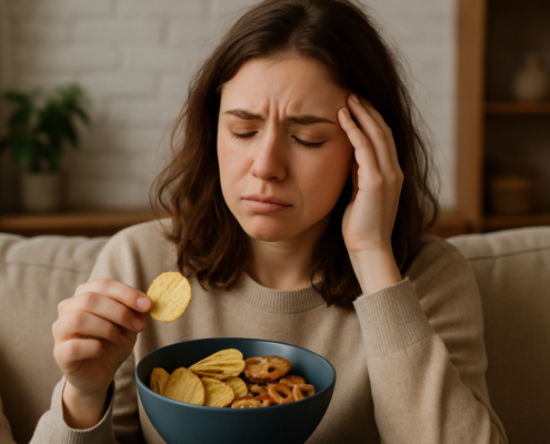 Femme réfléchissant à ses fringales émotionnelles dans une cuisine